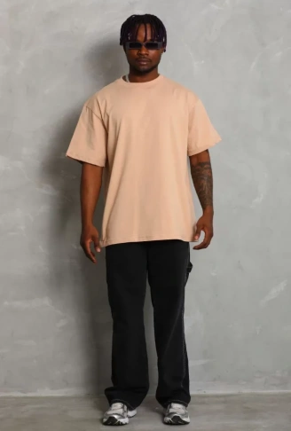 Unisex Oversize Düz Bisiklet Yaka T-Shirt - Bej