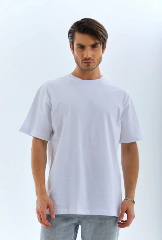 Unisex Oversize Düz Bisiklet Yaka T-Shirt - Beyaz