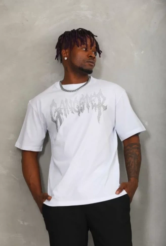 Unisex Oversize Taşlı Bisiklet Yaka T-Shirt - Beyaz