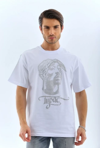 Unisex Oversize Taşlı Bisiklet Yaka T-Shirt - Beyaz