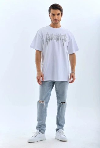 Unisex Oversize Taşlı Bisiklet Yaka T-Shirt - Beyaz