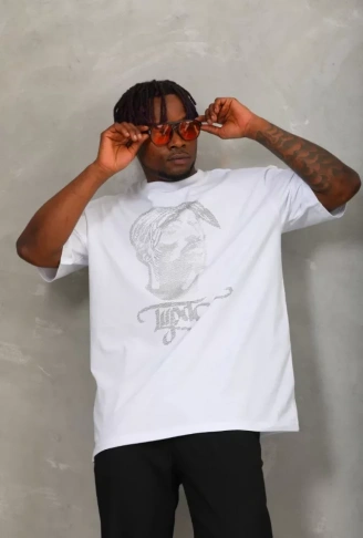 Unisex Oversize Taşlı Bisiklet Yaka T-Shirt - Beyaz