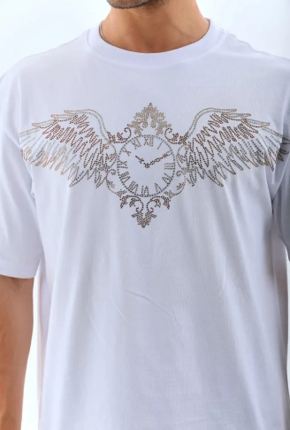 Unisex Oversize Taşlı Bisiklet Yaka T-Shirt - Beyaz