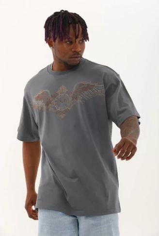 Unisex Oversize Taşlı Bisiklet Yaka T-Shirt - Füme