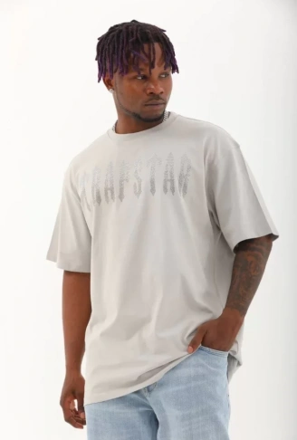 Unisex Oversize Taşlı Bisiklet Yaka T-Shirt - Gri