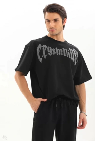 Unisex Oversize Taşlı T-Shirt - Siyah