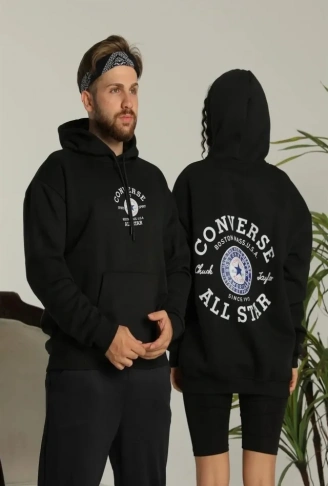 Unisex Oversize Üç İplik Şardonlu Kapüşonlu Sweatshirt – All Star Ön Ve Arka Baskılı, Kanguru Cepli, Rahat Kalıp Kışlık Model - Siyah