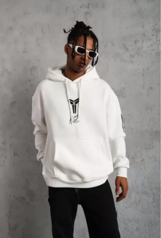 Unisex Sırt Baskılı Kapüşonlu Üç İplik Oversize Sweatshirt - Beyaz
