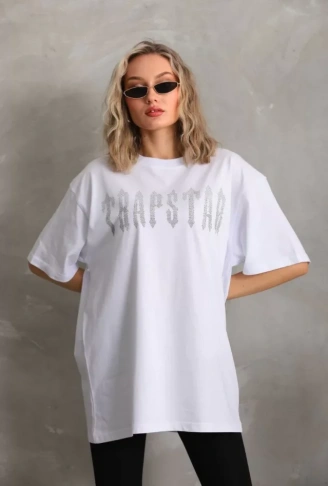 Unisex Taş Desenli Oversize T-Shirt - Beyaz