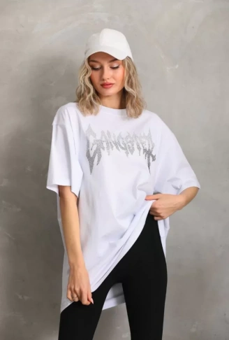 Unisex Taş Desenli Oversize T-Shirt - Beyaz