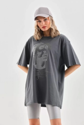 Unisex Taş Desenli Oversize T-Shirt - Füme