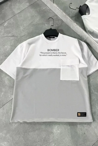 Unisex Torba Cep Detaylı  Parçalı T-Shirt - Gri