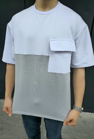 Unisex Torba Cep Detaylı Parçalı T-Shirt - Gri