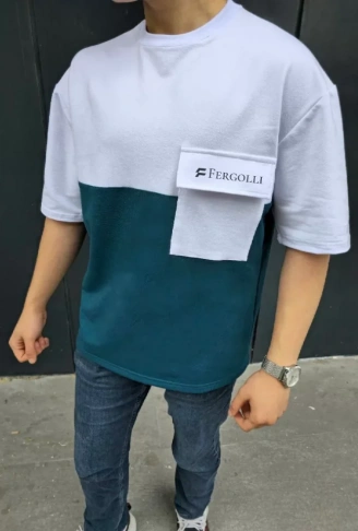 Unisex Torba Cep Detaylı  Parçalı T-Shirt - Lacivert