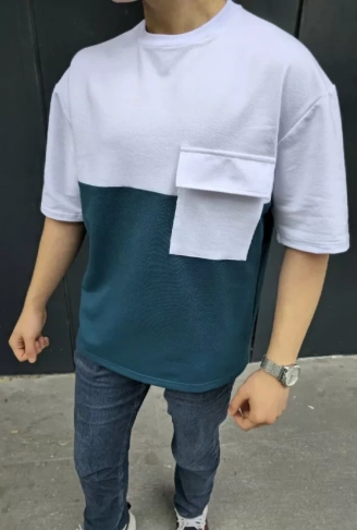 Unisex Torba Cep Detaylı Parçalı T-Shirt - Lacivert