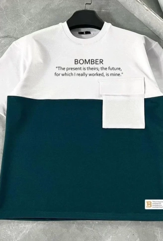 Unisex Torba Cep Detaylı  Parçalı T-Shirt - Lacivert