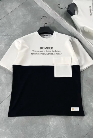 Unisex Torba Cep Detaylı  Parçalı T-Shirt - Siyah