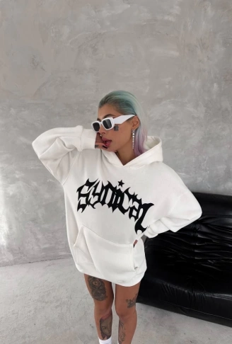 Unisex Üç İplik Kapşonlu Baskılı SweatShirt - Beyaz