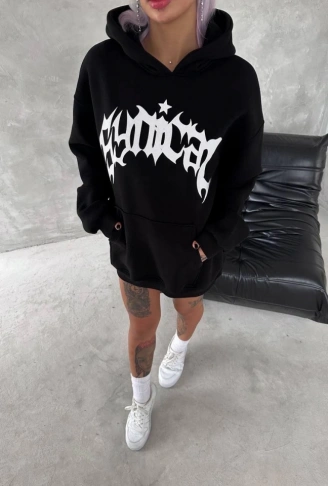 Unisex Üç İplik Kapşonlu Baskılı SweatShirt - Siyah