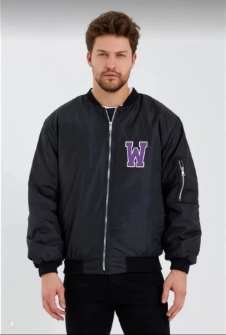 Unisex Uzun Kol Baskılı Bomber Ceket - Siyah