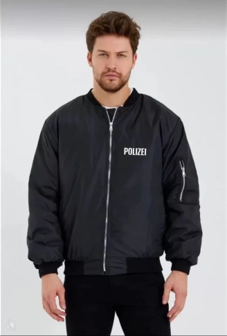 Unisex Uzun Kol Baskılı Bomber Ceket - Siyah