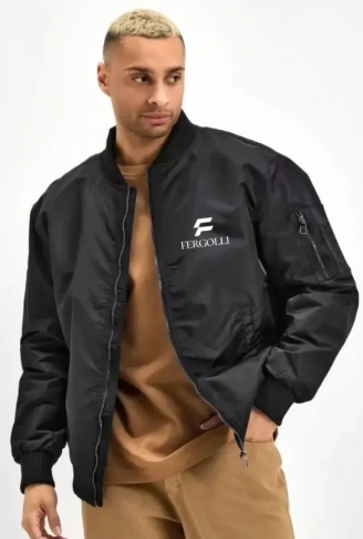 Unisex Uzun Kol Baskılı Bomber Ceket - Siyah