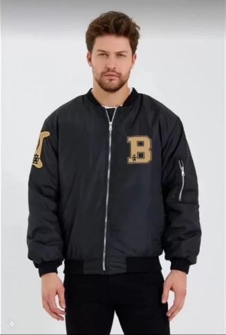 Unisex Uzun Kol Baskılı Bomber Ceket - Siyah