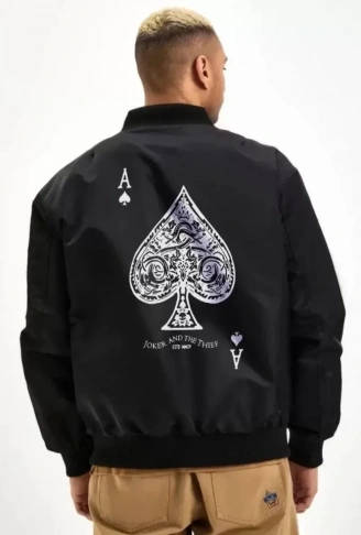 Unisex Uzun Kol Baskılı Bomber Ceket - Siyah