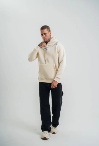 Unisex Uzun Kol Bisiklet Yaka Yıkamalı SweatShirt - Krem