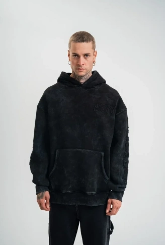 Unisex Uzun Kol Kapşonlu Yıkamalı Nakışlı SweatShirt - Siyah