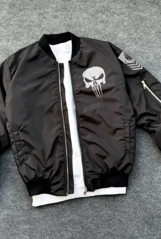 Unisex Uzun Kol Kuru Kafa Baskılı Bomber Ceket - Siyah