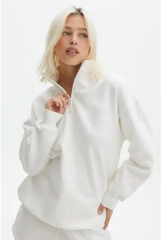 Unisex Uzun Kol Yarım Farmuarlı Yakalı Basic SweatShirt - Beyaz