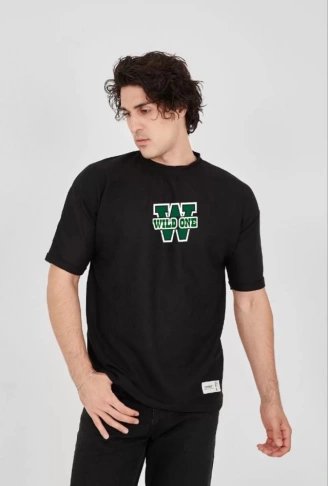 Unisex Waffle Kumaş Çift Katlamalı Kol Baskılı T-Shirt - Siyah