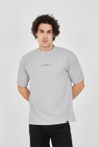 Unisex Waffle Kumaş Rahat Kol T-Shirt - Boyalı Gri