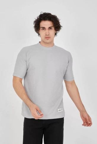 Unisex Waffle Kumaş Rahat Kol T-Shirt - Boyalı Gri