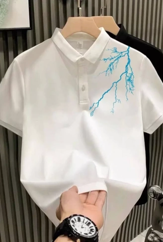 Unisex Yakası Düğmeli Oversize Baskılı T-Shirt - Beyaz