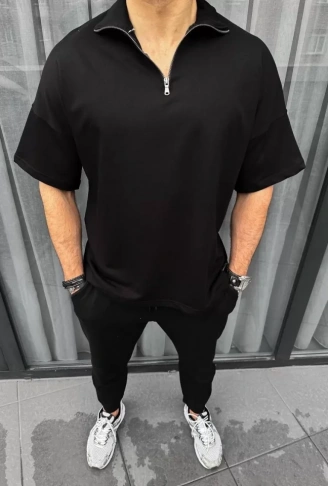 Unisex Yarım Fermuarlı Basic T-Shirt - Siyah