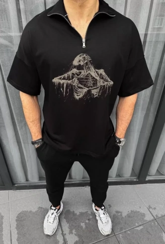 Unisex Yarım Fermuarlı Baskılı Oversize T-Shirt - Siyah