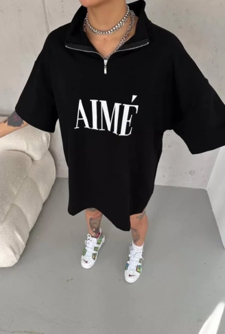 Unisex Yarım Fermuarlı Baskılı T-Shirt - Siyah