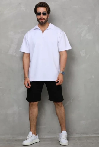 Unisex Yarım Fermuarlı Düz Oversize T-shirt - Beyaz