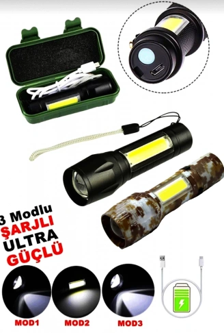 USB CHARGE 2İN13W+1W USB ŞARJLI LEDLİ POLİS EL FENERİ METAL KASA PLS.KUTU (4940)