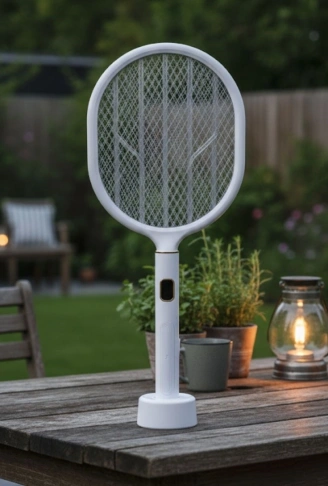 USB Şarjlı Beyaz Renk Kendiliğinden Standlı Şarj Göstergeli UV Işıklı Sinek Öldürme Raketi LTD-718 (4940)