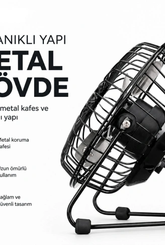 USB ŞARJLI - METAL GÖVDE 14.5X7.5X15CM MİNİ MASAÜSTÜ FAN - VANTİLATÖR EFN-482 (4940)