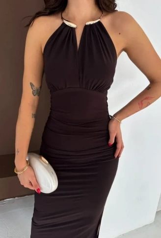 Uzun Abiye Elbise Yırtmaçlı Sırt Dekolteli Şık Gece Elbisesi - Kahverengi