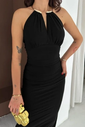 Uzun Abiye Elbise Yırtmaçlı Sırt Dekolteli Şık Gece Elbisesi - Siyah