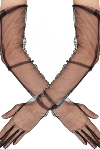 Uzun Boy Likralı Siyah Renk Yetişkin Mega Tül Eldiven 53 cm (4940)