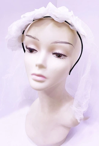 Uzun Duvaklı Üstü Beyaz Çiçekli Parti Tacı (4940)