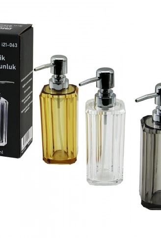 UZUN KARE TABAN -SEKİZGEN GÖVDE ŞEFFAF - RENKLİ AKRİLİK - MİKA KRİSTAL SIVI SABUNLUK 200ML (4940)