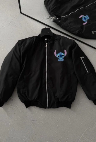 Uzun Kol Astarlı Tam Kalıp Baskılı Bomber Ceket - Siyah