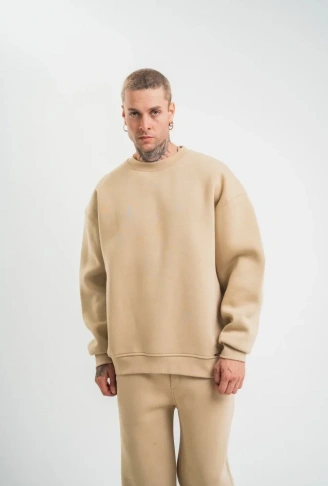 Uzun Kol Bisiklet Yaka Basic SweatShirt - Bej